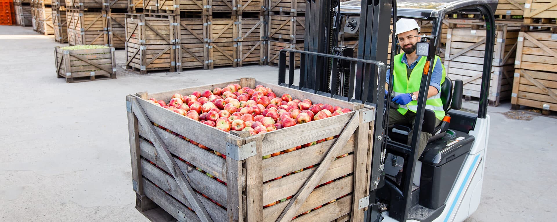 Forklift moving a wooden crate full of fresh apples in a packing yard